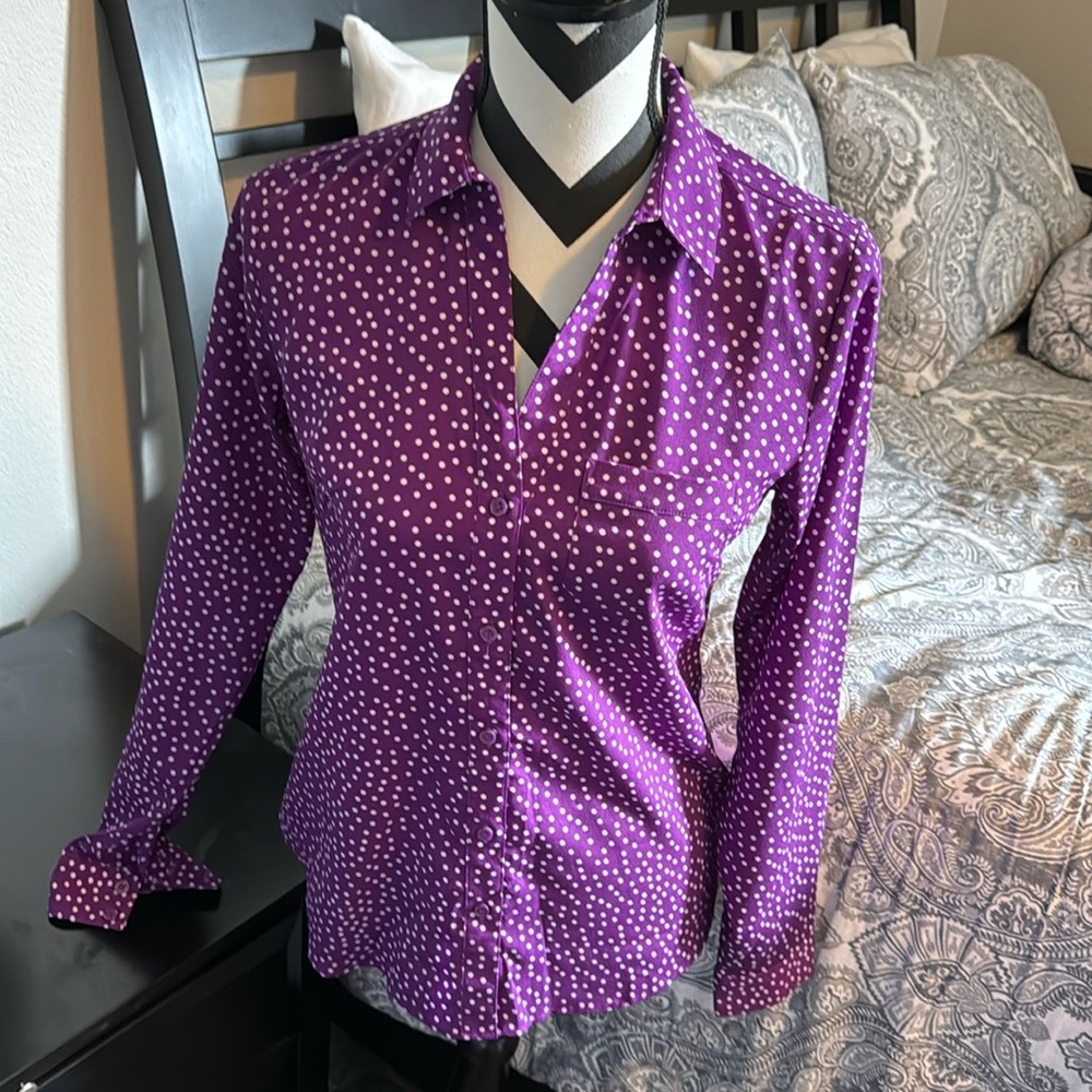 Beautiful magenta, polkadotted, button-down blouse
